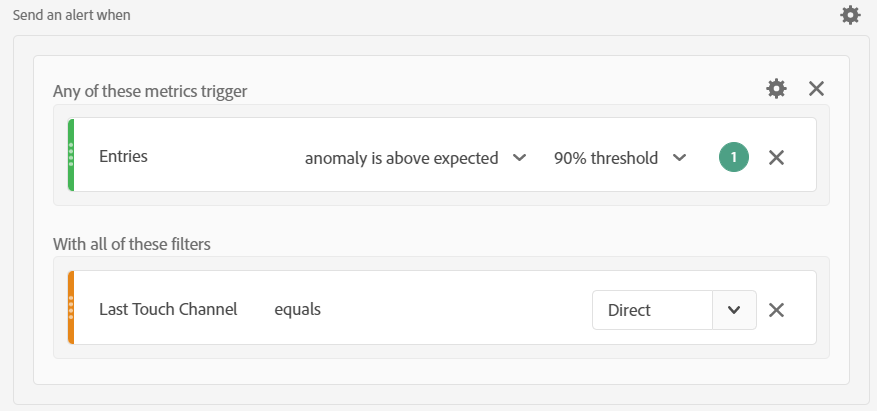 Adobe Analytics alert for Entries spike for Direct channel