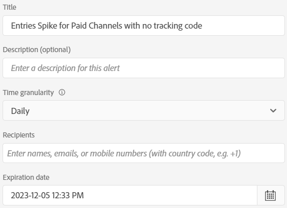 Adobe Analytics alert for Entries spike for Paid channels with no tracking code