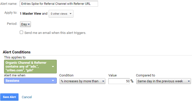 Google Analytics alert for Entries spike for Referral channel with Referrer URL