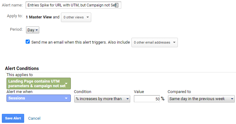 Google Analytics alert for Entries spike for URL with UTM, but Campaign is not set