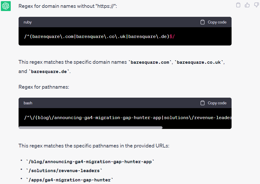 ChatGPT reply for creating RegEx